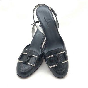 Cole Haan leather sling back 3.5” heels. Beautiful black faux alligator